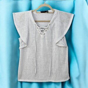 Ella Rafaella White Lace-Up Flutter Sleeve Top Lightweight‎ Blouse Woman Medium